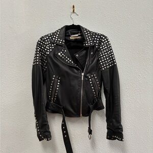 Michael Kors Black Leather Moto Jacket with Studded Details